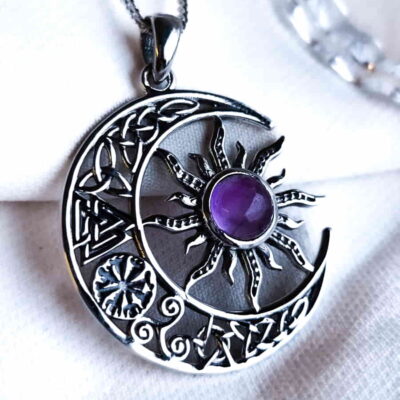 Valknut Sun & Moon Pendant with 5 Amulets and Amethyst